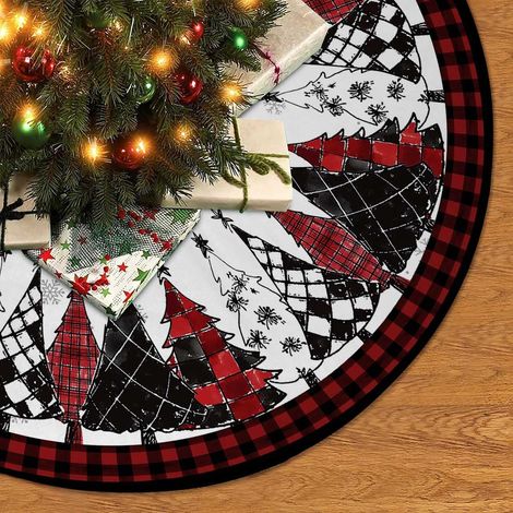 Falda para árbol de Navidad de 90 cm a cuadros rojos y negros, alfombra de invierno para árbol, ideal para decoraciones festivas en el hogar. (1/5)