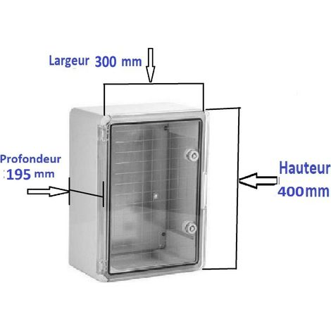 AR – Coffret électrique étanche IP65 en ABS – Dimensions 400x300x170mm – Plaque de fond pleine – 4 pattes de fixation murale