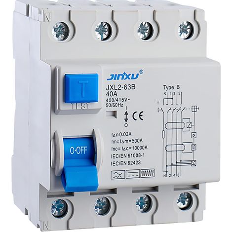 Disjoncteur différentiel 4P type B, disjoncteur FI 40 A 30 mA à 4 broches, interrupteur à courant élevé, fusible automatique pour boîtiers muraux et bornes de recharge (1/5)