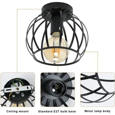 Plafonnier Vintage Industriel, Luminaire Plafonnier E27 Rétro Cage Design, Lampe de Plafond en Métal Pour Cuisine Chambre Entrée Couloir (Noir) (1/5)