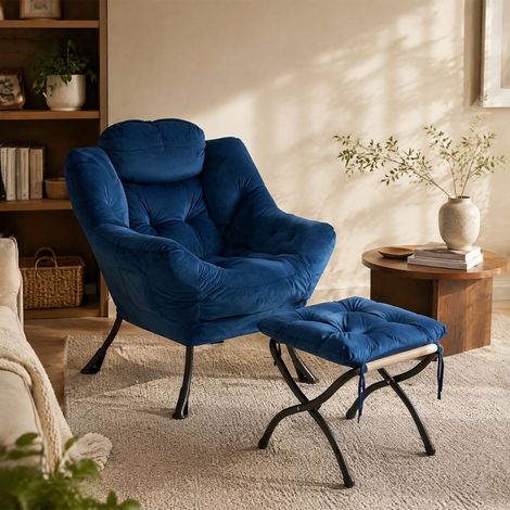 Relaxsessel mit Fußhocker, 79 x 72 x 96 cm, dunkelblauer Stoff und Metall HAVRYA (1/5)