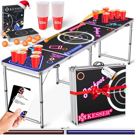 KESSER® Beer Pong Tisch Set mit Kartenspiel Trinkspiel - inkl. 100 Becher (50 Rot & 50 Blau) 6 Bälle + Regelwerk Partyspiele Table Höhenverstellbar Classic - mit LED (1/5)