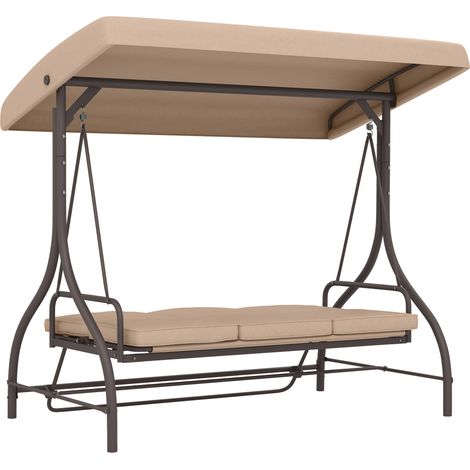 Balancelle jardin 3 places convertible coussins toit réglable métal polyester kaki 200x130x150 cm