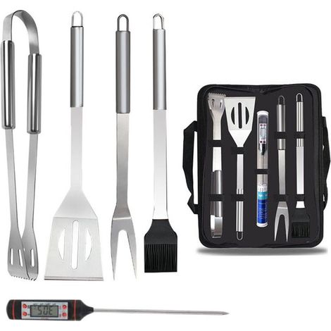 Ensemble de 5 pièces avec thermomètre, ensemble d'ustensiles pour barbecue, sac de transport en acier inoxydable, accessoires pour barbecue, Camping (1/4)