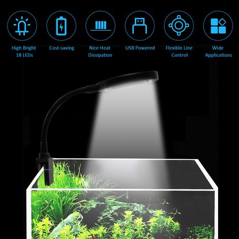 D C 5 V 7 W 18 LED pour aquarium avec pince pour pot de poisson, lampe de visualisation alimentée par USB, 3 couleurs d'éclairage modifiables, 10 niveaux de luminosité réglable, variable, flexible, pl (1/5)