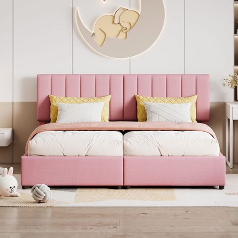 Lit coffre modulable 180x200 cm rose en lin, convertible en 2 lits 90x200, tête de lit réglable, rangement hydraulique, sommier 24 lattes inclus, sans matelas (1/5)