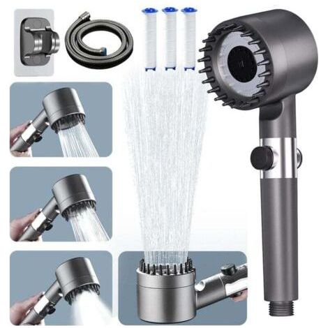 Pommeau de douche avec flexible 1,5 m, pommeau de douche à économie d'eau avec filtre, type de jet 3+1, pommeau de douche économique, douchette à main pour eau dure, pommeau de douche filtré (1/5)