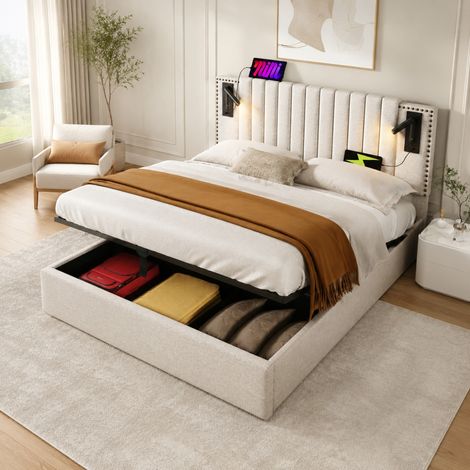 Letto 160x200 cm in cotone beige con contenitore e USB salvaspazio, senza materasso – MEUBLIV (1/5)