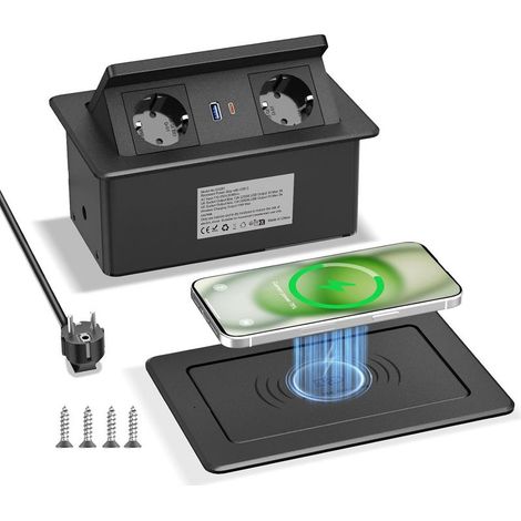 Prise escamotable avec USB C PD 20 W et 15 W - Chargeur sans Fil - Prise de Table escamotable - pour Plan de Travail, Table de canapé, Maison, Bureau - Câble de 1,8 m - Noir (1/5)