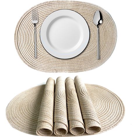 Set de 2 sets de nappe ovales tissées en polypropylène résistant à la chaleur - Dimensions 50x35 cm - Vert/Brun/Gris/Jaune - Lavable et antidérapant (1/5)