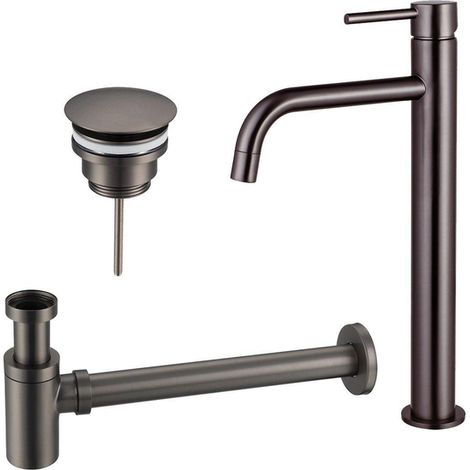 Fortifura Calvi Slim Kit mitigeur lavabo - robinet rehaussé - bonde non-obturable - siphon design bas - PVD Gunmetal