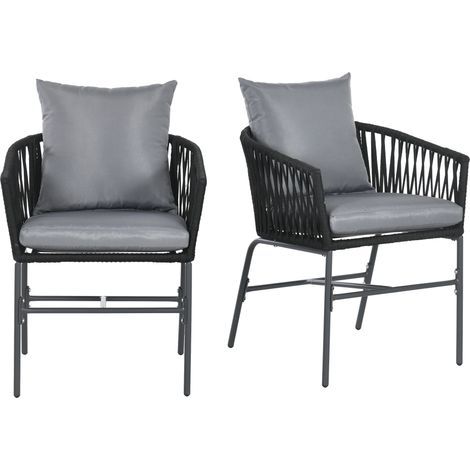 Chaises d'extérieur, lot de 2, style bohème, coussins d'assise et de dossier, coque d'assise confortable, structure en métal, noires (1/5)