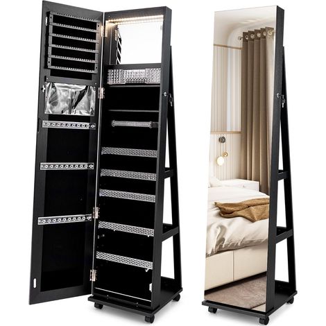 Mobile portagioie su ruote 40 x 38 x 163 cm grande capienza illuminazione a LED design moderno in MDF nero 200017409