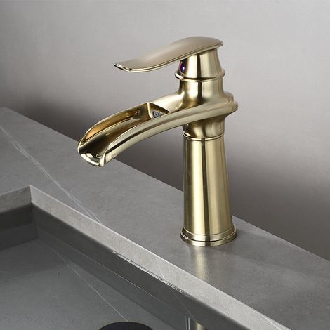 Robinet Mitigeur de Lavabo en Laiton Massif, Style Européen, Finition Doré Brossé, Version Basse avec Flexible d'Arrivée d'Eau, pour Vasque à Poser, Salle de Bain-lsw