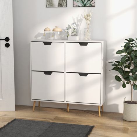 Schuhschrank mit 4 Klapptüren, Platz für 16 Paar Schuhe, verstellbarem Einlegeboden, Beinen aus Kiefernholz, 95 x 26 x 95 cm, weiß