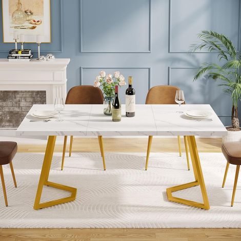 Esstisch 140cm Weiß Marmoroptik mit Gold Metallbeinen für 6 Personen (1/5)