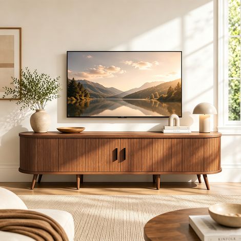 Meuble TV Noyer, 175 x 45 x 38 cm, Design Moderne Milieu du Siècle, avec Rangements et Coins Arrondis pour Salon, Chambre et Entrée (1/5)