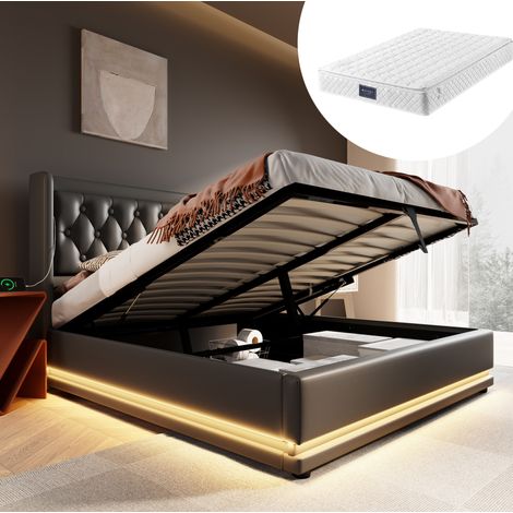 Cama doble tapizada 160x200 cm moderna, PU negro, cabecero acolchado con USB-C, arcón hidráulico y LED (1/5)