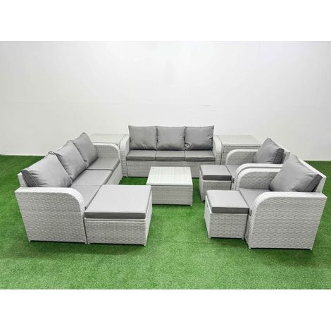 Fimous PE Rattan High Back Lounge Sofa Set Patio Square Coffee Table & Chairs Set with 3 Seater Sofa Reclining Chair 3 Stools 2 Side Table Light Grey (1/4)