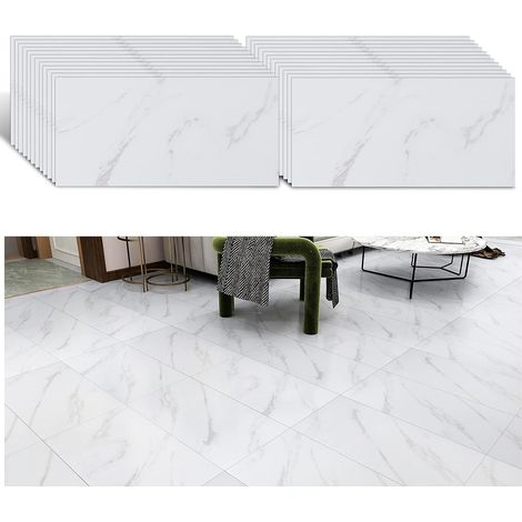 Dalle PVC Adhesive Sol Marbre Blanc 24 Pièces Carrelage Adhesif Sol Marbre Blanc Carreaux Adhesif Cuisine Imperméable Stickers Carrelage Salle de Bain Dalle PVC Garage Salon 60 cm x 30 cm (1/5)