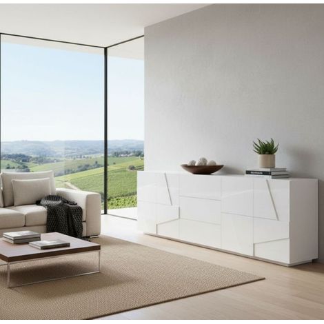 Dmora - Aparador Dgut, Aparador de cocina con 4 puertas y 3 cajones, Buffet de salón, 100% Made in Italy, cm 224x44h86, Blanco brillo (1/4)