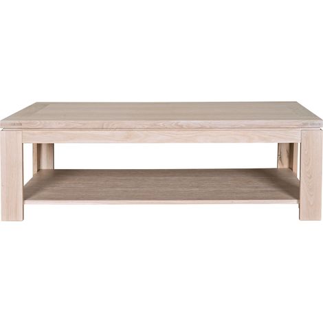 Hellin – Table basse rectangulaire en chêne blanchi massif – Dimensions L 120 x P 60 x H 40 cm – Double plateau pratique pour magazines (1/5)
