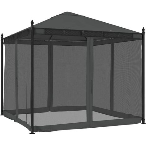 Le gazebo, avec des côtés en maille gris anthracite, mesure 2,93 x 2,93 mètres et est fabriqué en acier. (1/5)