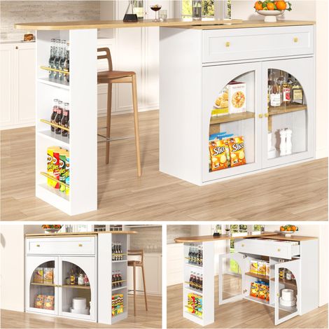 Îlot bar pivotant 360° blanc extensible avec rangement, table haute cuisine avec portes vitrées, étagères réglables, meuble bar moderne (1/5)