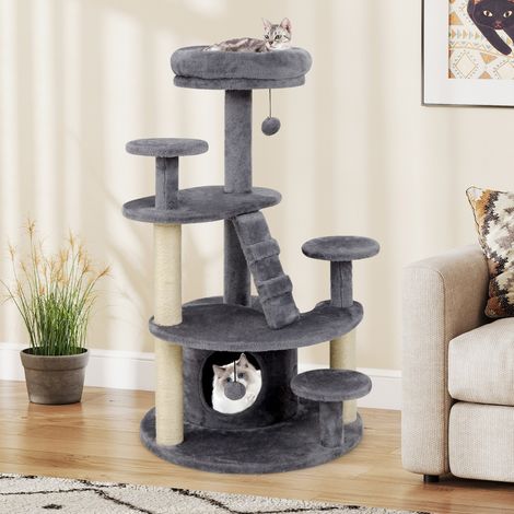 Arbre à Chat Multi-Niveaux avec Condo Perchoir Rembourré Poteaux à Gratter Boule en Peluche Suspendue Plates-formes de Saut Gris (1/2)