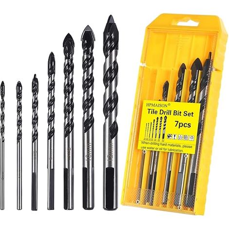 Set di 7 punte da trapano in carburo di tungsteno HPMAISON per muratura, adatte a porcellana, piastrelle, cemento, muri in mattoni, vetro, specchi, plastica, muratura e legno (3 4 5 6 8 10 12 mm) (1/5)