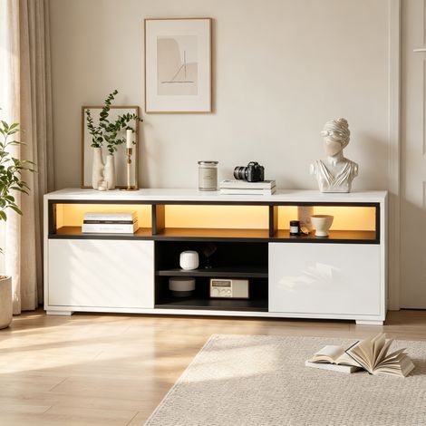 MEUBLIV Mueble TV 150 x 35 x 50 cm blanco y negro con LED y almacenaje (1/5)