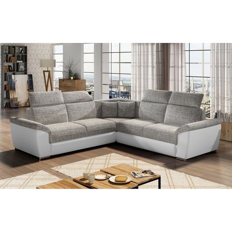 Canapé d'angle - convertible - FELIPE - en tissu beige et simili cuir blanc, 5/6 places (1/5)