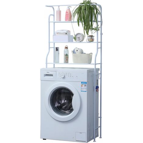 Herzberg HG-03299: Estante de almacenamiento para lavadora y baño de 3 niveles con colgador para toallas, color blanco