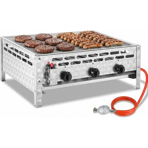 Edelstahl Gasbräter 3-flammig 12 kW, Profi Gasgrill, Gastrobräter gas mit Grillrost, Tischgasgrill für Gastronomie, Outdoor, Garten, Wurstbrater, 59.5x48 cm Grillfläche (1/5)