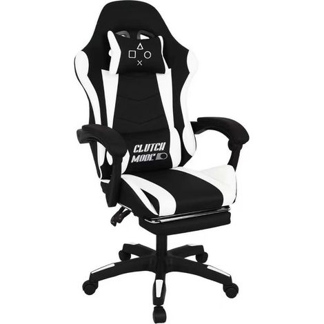 Clutch - Sedia da Gaming Ergonomica con Cuscino Lombare Poggiatesta e Poggiapiedi in PVC Nera e Bianca (1/5)