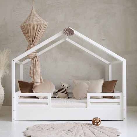 Cama cabaña 90x190 con barandillas y somier patas 1 cm Lucile Blanco