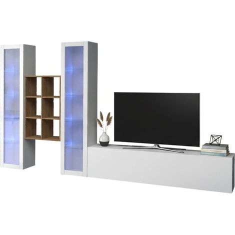 Dmora - Pared Equipada Dcorrei, Conjunto de salón Mueble de TV con 3 puertas, Mueble de salón polivalente con vitrina y luz LED, 100% Made in Italy, cm 320x30h180, Blanco brillante