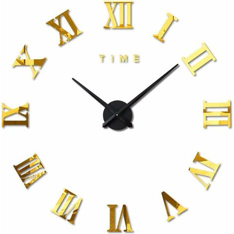 Moderne DIY Grand Pendule Murale Chiffres Romains Big Montre Stickers 3D Horloge Montre Murale Home Office Décoration Amovible (Batterie Non Inclus) Doré (1/4)