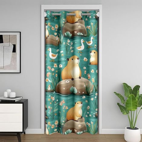 Cute Capybara Rideau de porte de confidentialité, Kawaii, adorable canard sauvage, rideau de porte, pour porte d'armoire, fleurs plantes pierres, vert, lac, porte, fenêtre, 1 panneau, 132 x - 203.00 x (1/5)