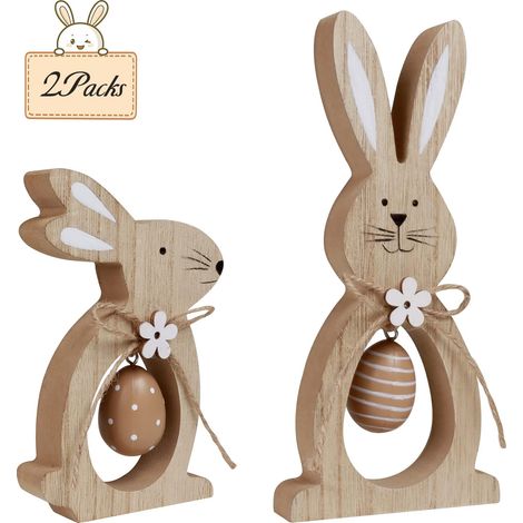 Ensemble de décorations de Pâques 2 pièces : Lapin rustique en bois avec plateau à œufs - Cadeau de Pâques pour enfants (1/5)