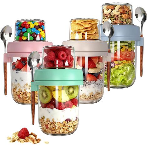 4er Set Overnight Oats Gläser mit Deckel & Löffel – 16oz Müslibecher & 4oz Snack-Box, Doppelkammer Joghurtbecher to Go aus Glas, Meal Prep Frühstücksbehälter für Arbeit, Schule & Sport (1/5)