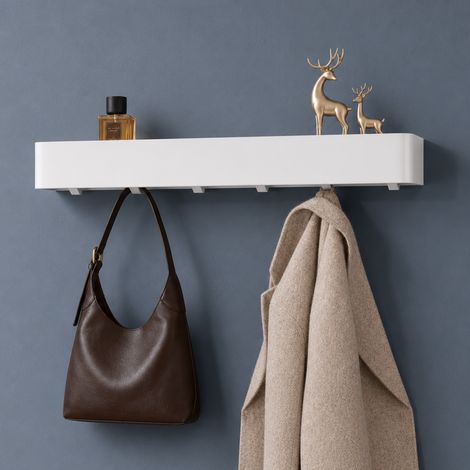 doporro Wandgarderobe mit Ablage, Garderobenleiste 60 cm mit 6 Garderobenhaken, Kleiderhaken Wand ohne Bohren oder mit Bohren Jackenaufhänger für Flur, Bad & Küche, Garderobe Weiß Reglo-05 (1/5)