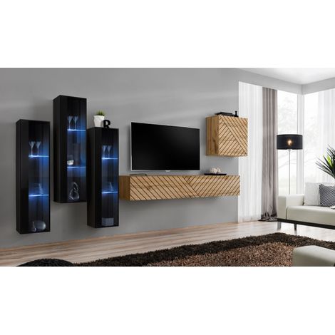 Ensemble de 5 meubles muraux "Switch XIII" pour TV en bois - Beige et Noir - L 330 x H 160 x P 40 cm - Livraison gratuite