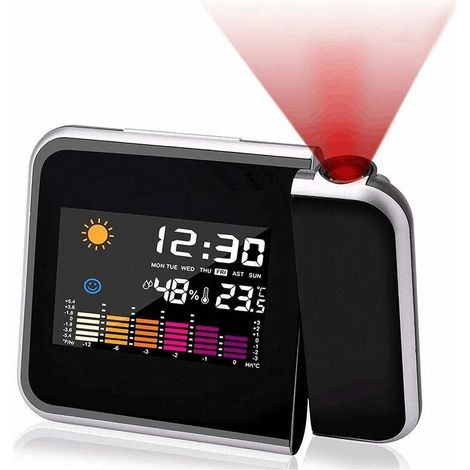 Projektionswecker, Farbbildschirm-Kalender, persönliche Wetterstation fürs Schlafzimmer, Projektor mit einstellbarer Helligkeit, Doppelalarm, LCD-Anzeige, Datum, Uhrzeit, Temperatur, Luftfeuchtigkeit. (1/5)