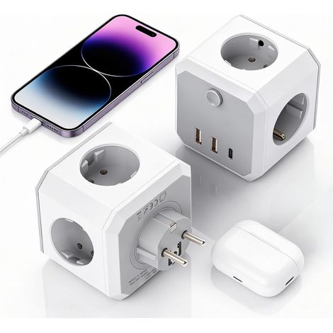 7 en 1 Multiprise Murale Cube avec Interrupteur Con USB-C, 4 Prises AC+3 Porte USB(2 USB-A 1 USB-C), Sécurité Enfant，Prise Multiple USB pour Maison Bureau Voyage, Blanc (1/5)