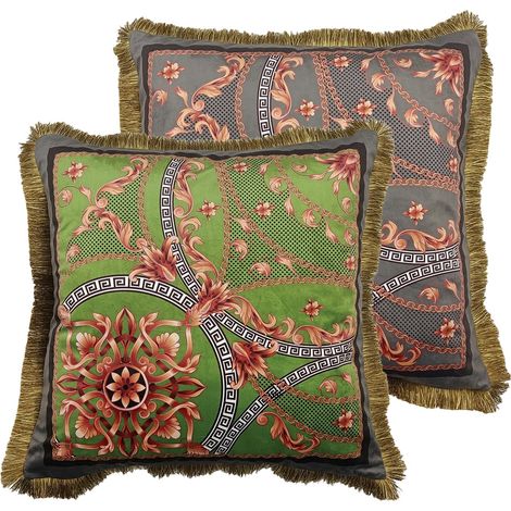 Coussin en velours garni de plumes et de franges 60x13x60 cm
