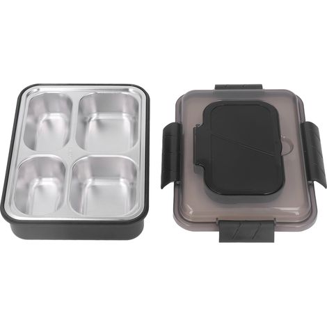 Boîte à lunch en acier inoxydable à 4 compartiments pour aliments et collations, étanche, avec cuillère et baguettes pour enfants et adultes. (1/5)