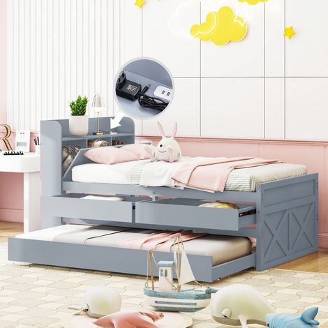 Ausziehbett 90x190 cm Mit Massivholzgestell Grau (1/5)