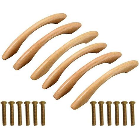 Ensemble de 6 poignées de meuble en bois, incurvées, 128 mm, boutons pour meubles, armoires et tiroirs (jaune) (1/4)