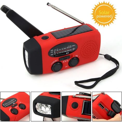 Radio solaire multifonctionnelle à manivelle FM AM WB NOAA, radio météo, 2 000 mAh, chargement USB, lampe de poche LED d'urgence (1/5)